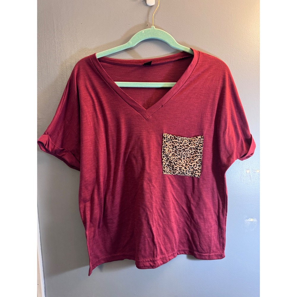 SHEIN Womens Burgundy V-Neck T-Shirt Leopard Print Pocket Cuffed Sleeve Large